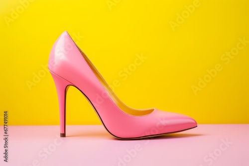 Stylish pink high heel on yellow pink background