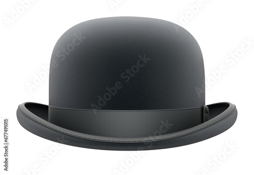 Print op canvas Front view of black bowler hat isolated on white background - 3D illustration