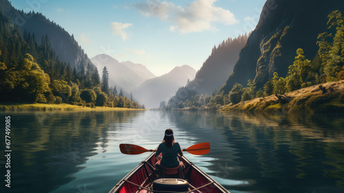 A woman paddles a kayak on a river in the middle of a valley photo