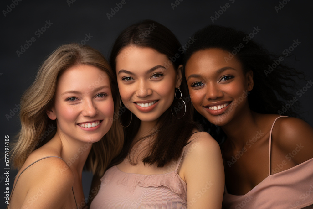 Beauty portrait of a diverse group of beautiful women smiling together against a grey studio background Beauty portrait of a diverse group of beautiful women smiling together against a grey studio background