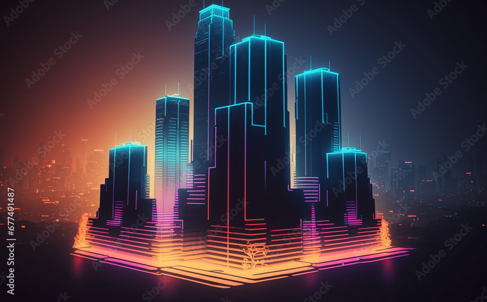 Futuristic Los Angeles Cityscape, Neon Lights, 
city skyline at night