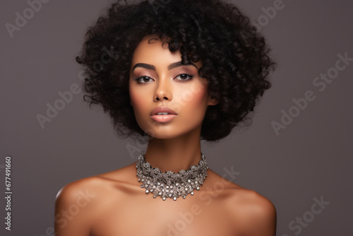 Black woman afro, portrait and confident face in beauty and style against a studio background, Beautiful isolated African American female proud model with necklace, jewelry and hairstyle for fashion