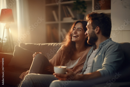 Boyfriend and Girlfriend Watching News Show on TV While Sitting on a Couch at Home on the Weekend, Two Presenters Talk and Joke on TV, Cozy Living Room with Loft Interior Concept