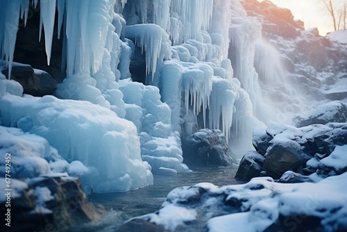 Frozen Waterfalls: Photograph the unique formations of frozen waterfalls in cold regions. - Generative AI © Sidewaypics