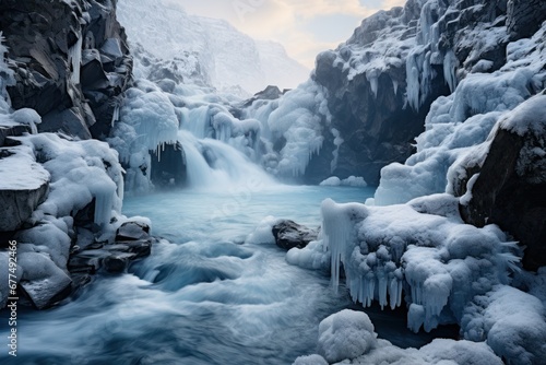 Frozen Waterfalls: Photograph the unique formations of frozen waterfalls in cold regions. - Generative AI