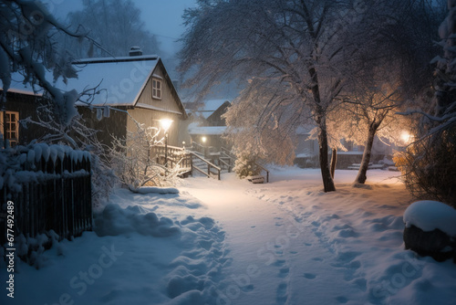 Winter Snow Is Falling In The Village Streets At Night As The Path Leads To The Illuminated Home - Generative AI