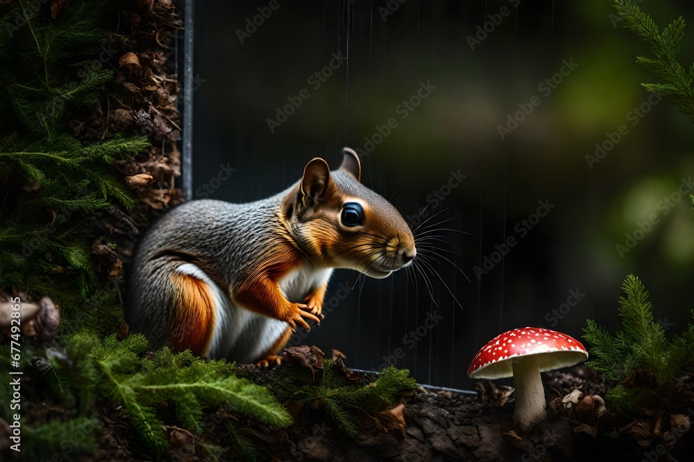 A curious squirrel peeking out from behind a mushroom,squirrel illustration,squirrel background ,squirrel  ,squirrel in the woods ,a mushroom in the forest,squirrel in the forest ,squirrel eating nut 