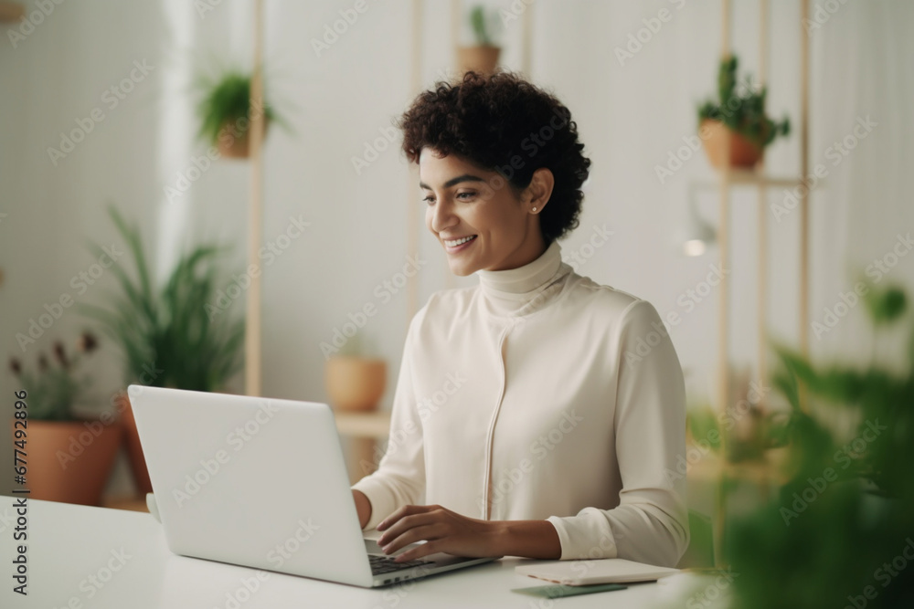 Cheerful Business Woman Working from Home on Laptop Computer Cheerful Business Woman Working from Home on Laptop Computer