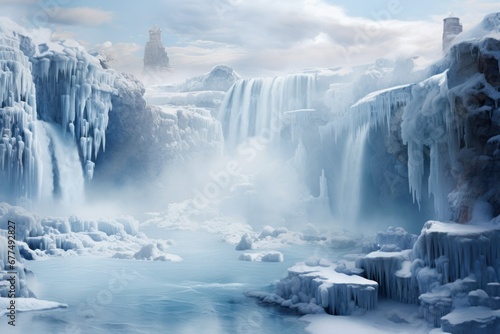 Frozen Waterfalls: Photograph the unique formations of frozen waterfalls in cold regions. - Generative AI