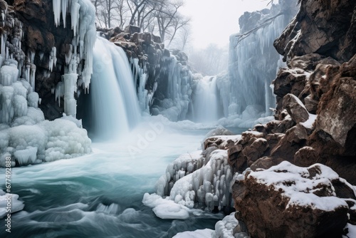 Frozen Waterfalls  Photograph the unique formations of frozen waterfalls in cold regions. - Generative AI