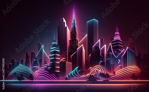 Futuristic New York Cityscape  Neon Lights  abstract city skyline