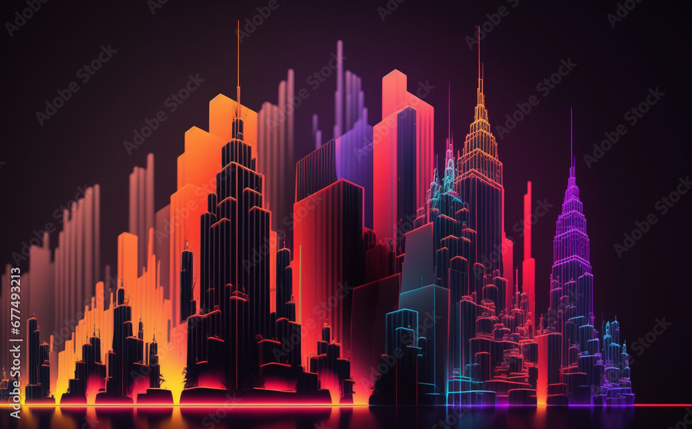 Futuristic New York Cityscape, Neon Lights, city skyline at night