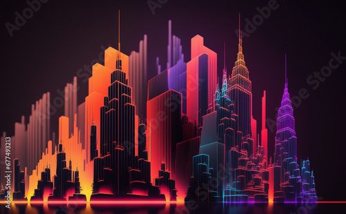 Futuristic New York Cityscape  Neon Lights  city skyline at night