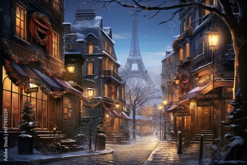 Urban Winter Scenes  Capture cityscapes with snow-covered streets  buildings  and the glow of streetlights. - Generative AI