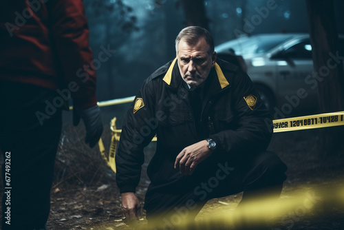 Cinematic Shot of Lieutenant Arriving At a Crime Scene, Crossing the Yellow Tape, Listening to Briefing from First Responder Officer, Detective Checking the Body Bag, Forensics Team Gathering Evidence photo