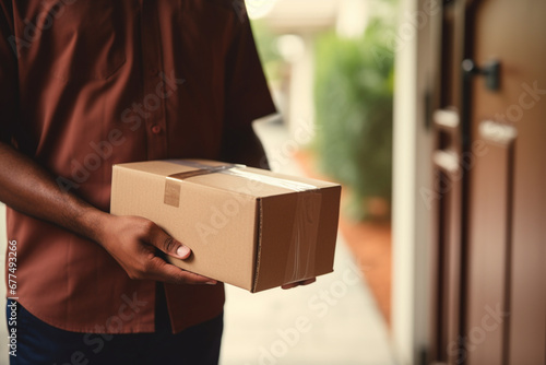 Close-up of delivery person holding medicine package against front door