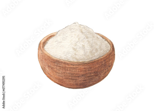 木製のボウルに入った小麦粉　水彩色鉛筆イラスト