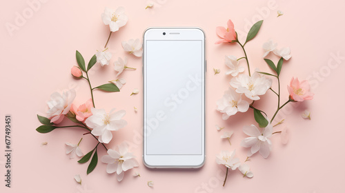 phone with flowers flat lay