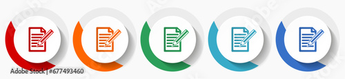 Subscribe vector icon set, flat design colorful round icons in 5 color options for webdesign and mobile applications
