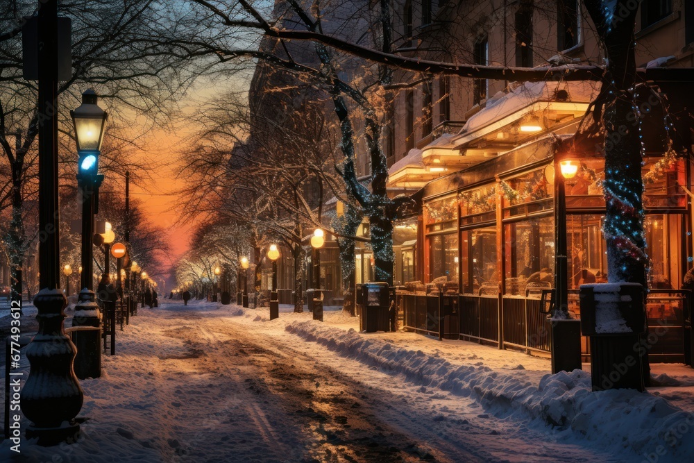 Fototapeta premium Urban Winter Scenes: Capture cityscapes with snow-covered streets, buildings, and the glow of streetlights. - Generative AI
