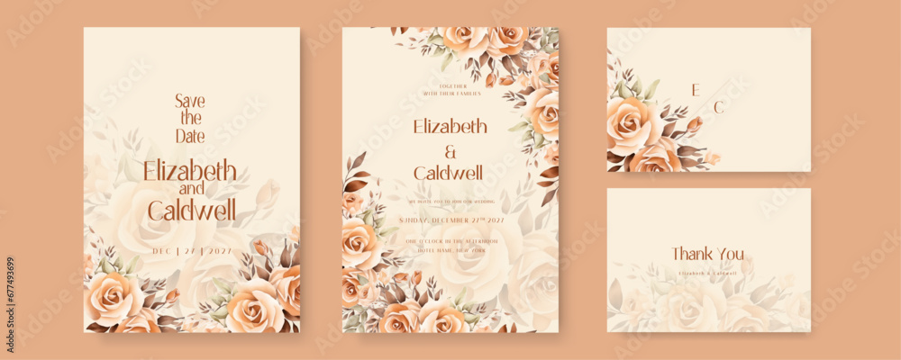 Beige rose floral wedding invitation card template set with flowers frame decoration