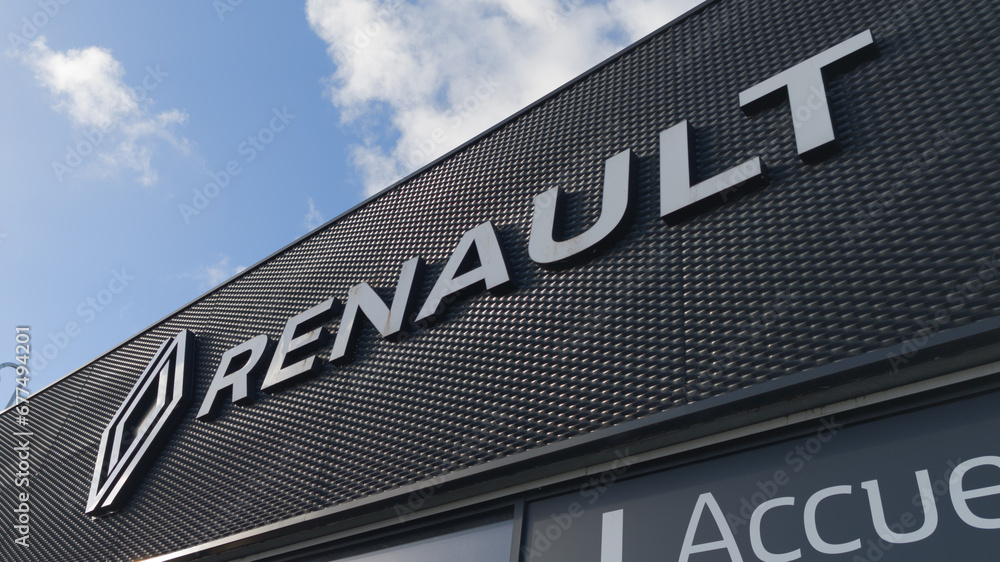 renault sign logo and brand text on station facade car dealership store