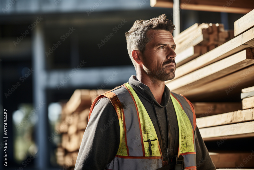 Confident male construction worker carrying wood beam at site, Mid adult foreman is looking away while working against incomplete building, He is wearing reflective clothing at site Confident male construction worker carrying wood beam at site, Mid adult foreman is looking away while working against incomplete building, He is wearing reflective clothing at site