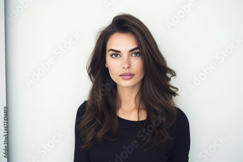 Confident young woman looking at camera while standing against white background