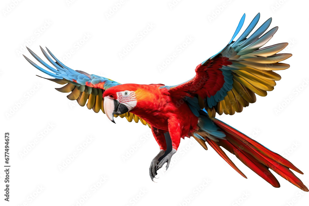A scarlet macaw parrot flying isolated on transparent background. - obrazy, fototapety, plakaty 
