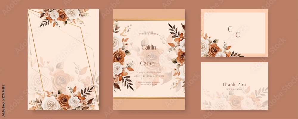 Orange white and beige rose wedding invitation card template with flower and floral watercolor texture vector Orange white and beige rose wedding invitation card template with flower and floral watercolor texture vector