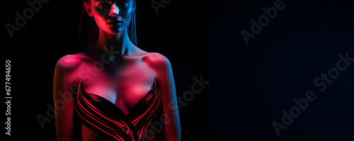 Creative young woman with digital neon filter lights on body over dark mode background, Concept of digital art, fashion, cyberpunk, futurism and creativity