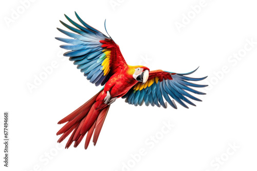 A scarlet macaw parrot flying isolated on transparent background. © tong2530