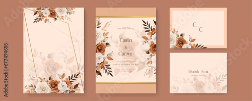 Orange white and beige rose wedding invitation card template with flower and floral watercolor texture vector