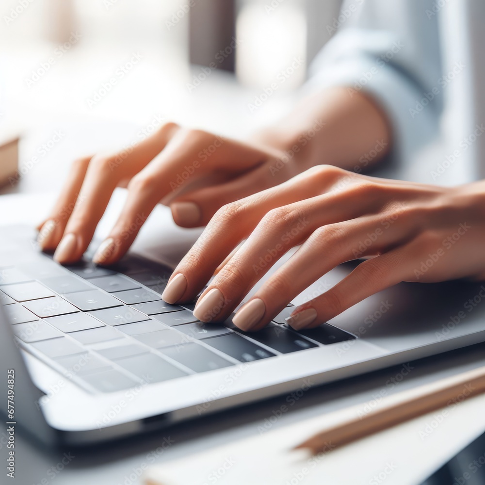 Closeup view of white collar woman hands typing, using keyboard of a laptop computer for online shopping, learning, design, email at office Closeup view of white collar woman hands typing, using keyboard of a laptop computer for online shopping, learning, design, email at office