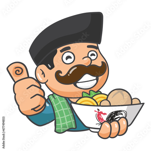 illustration cartoon man with bakso and smile face