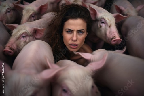  Dating disaster, woman in the middle of pigs. photo