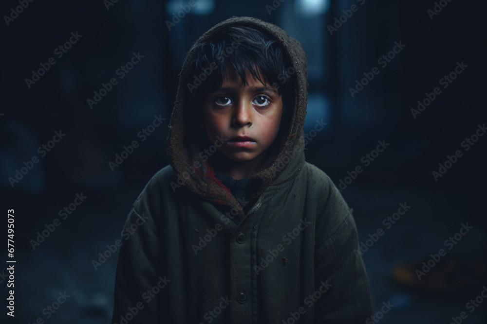 Dramatic Portrait of a refugee homeless child standing in a dark room with sad expression Dramatic Portrait of a refugee homeless child standing in a dark room with sad expression