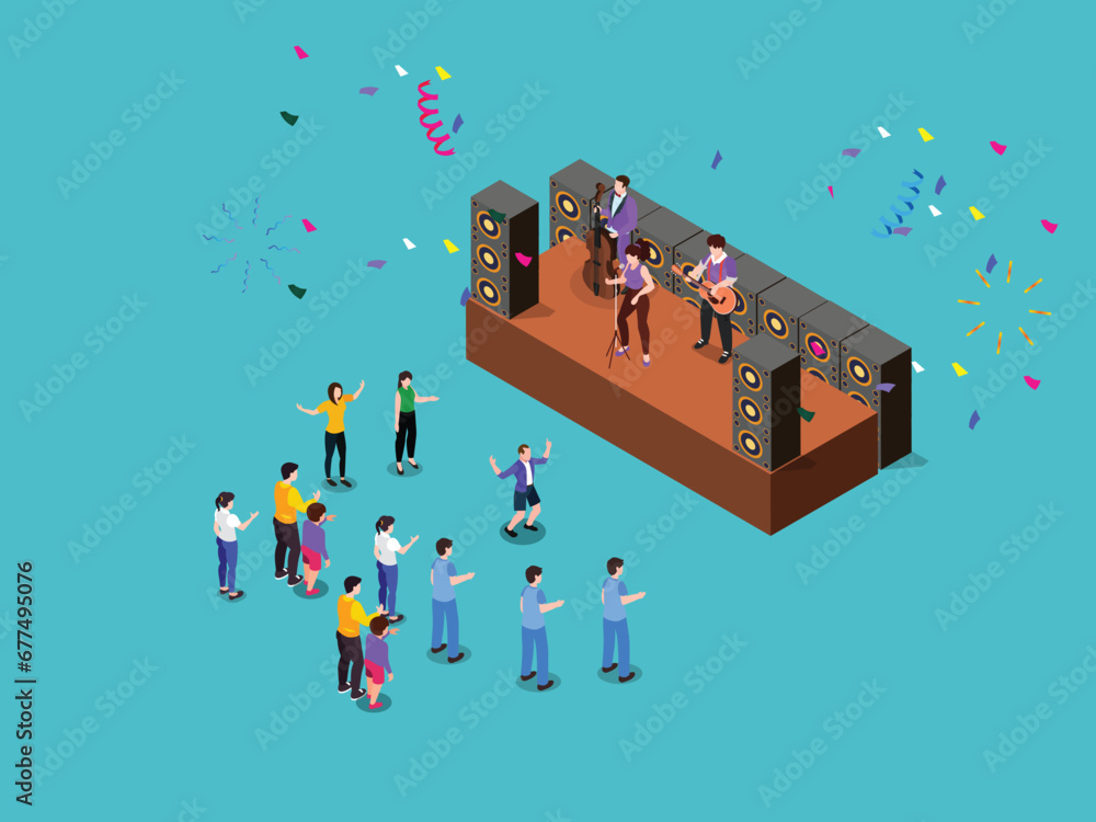 People in music festival isometric 3d vector illustration concept for banner, website, landing page, flyer, greeting card, etc