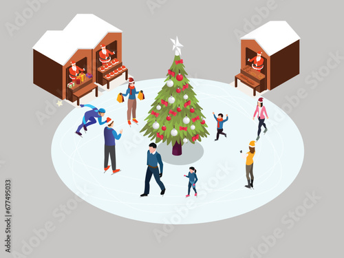 Christmas market and holiday fair isometric 3d vector illustration concept for banner, website, landing page, flyer, greeting card, etc