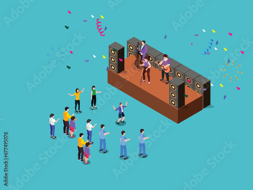 People in music festival isometric 3d vector illustration concept for banner, website, landing page, flyer, greeting card, etc