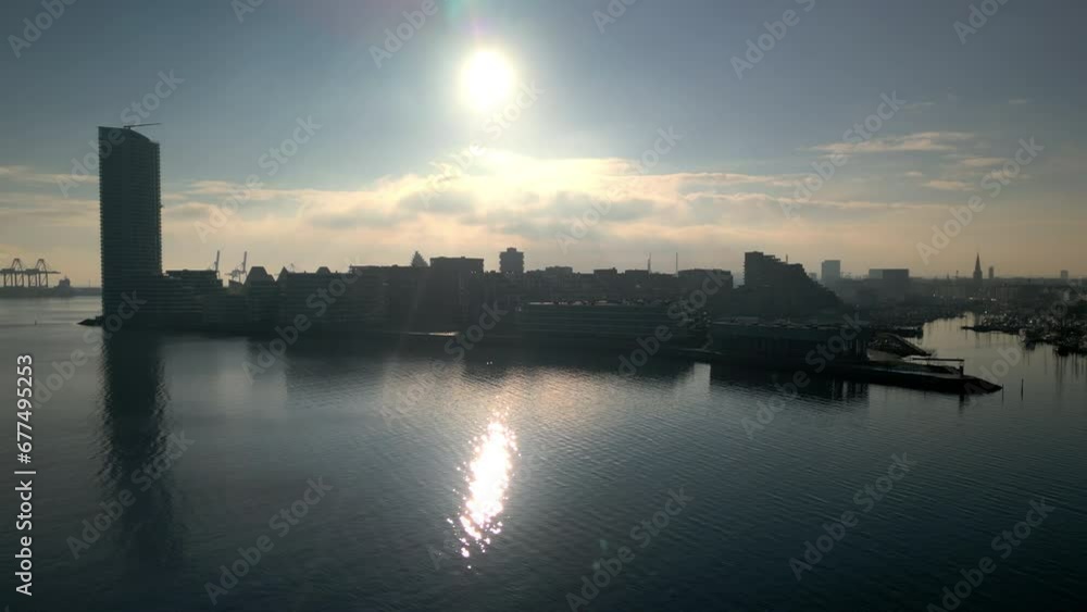 Drone Over Harbour Cityscape At Sunset Drone Over Harbour Cityscape At Sunset