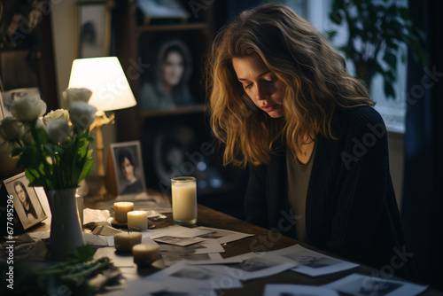 Dramatic shot of Woman feeling sad when looking at picture of lost loved one in the frame photo