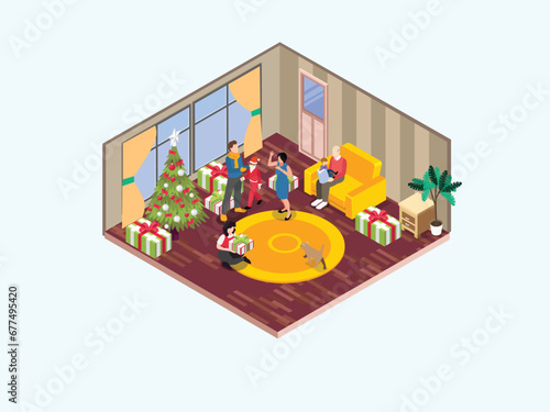 Happy family celebrating Christmas isometric 3d vector illustration concept for banner, website, landing page, flyer, greeting card, etc