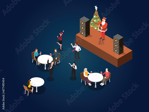 Santa Claus singing Christmas carols on the stage isometric 3d vector illustration concept for banner, website, landing page, flyer, greeting card, etc