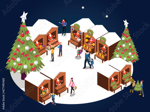 Christmas market or holiday winter outdoor fair isometric 3d vector illustration concept for banner, website, landing page, flyer, greeting card, etc