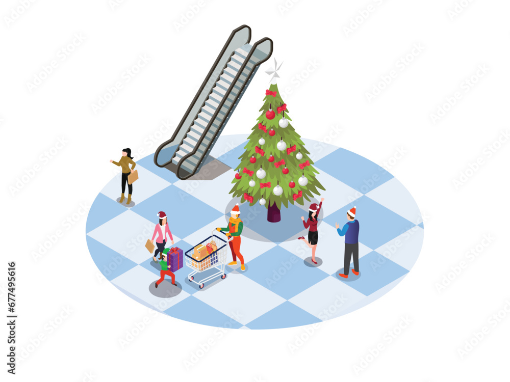 People walking with purchases in shopping mall decorated for christmas and new year isometric 3d vector illustration concept for banner, website, landing page, flyer, greeting card, etc