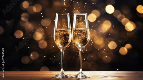 A two glass of sparkling wine on a golden confetti on blur festive background