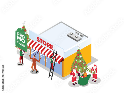 Store exterior with christmas promotion decoration isometric 3d vector illustration concept for banner, website, landing page, flyer, greeting card, etc