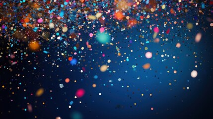 A festive and colorful party with flying neon confetti on a purple, red and blue background