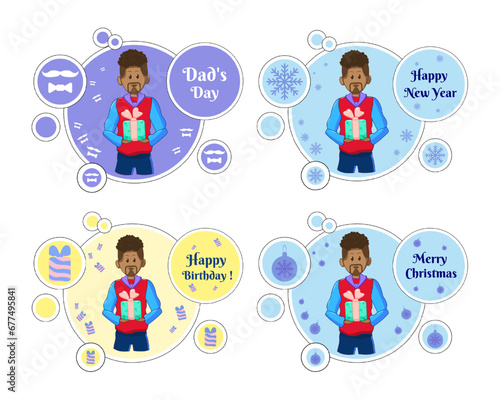 Vector drawing with holiday greetings with a boyfriend and a gift